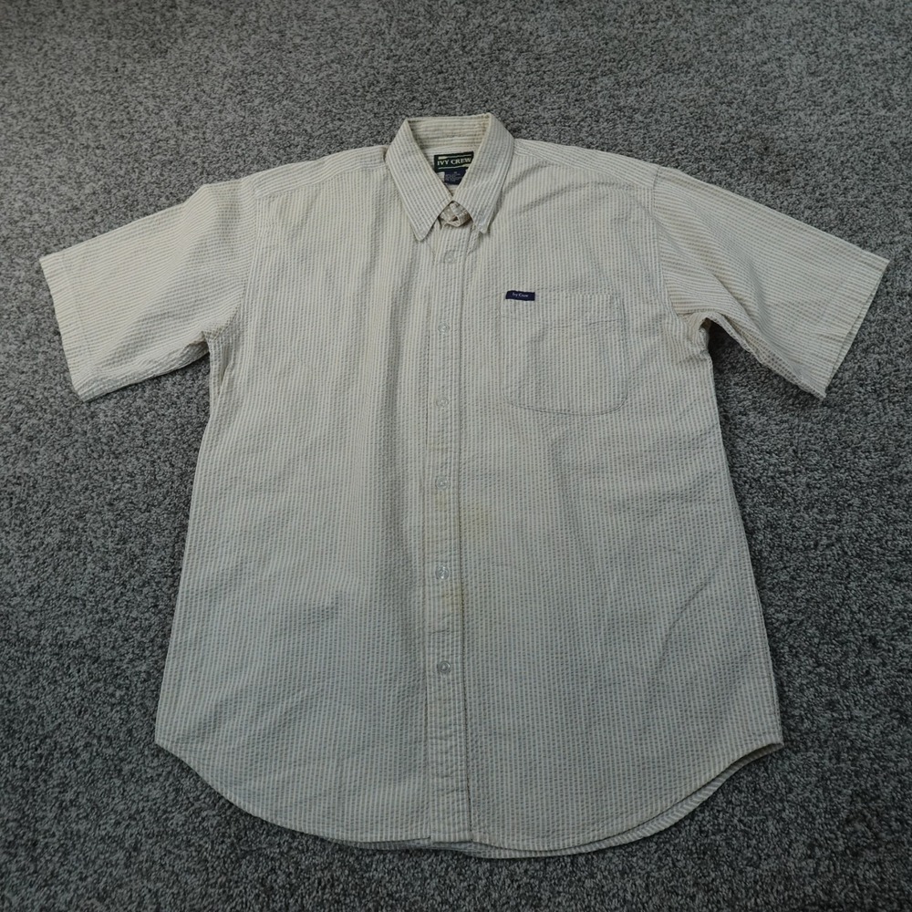 VTG Ivy Crew Shirt Mens M Beige Tan Seersucker Striped Short Sleeve Button Up